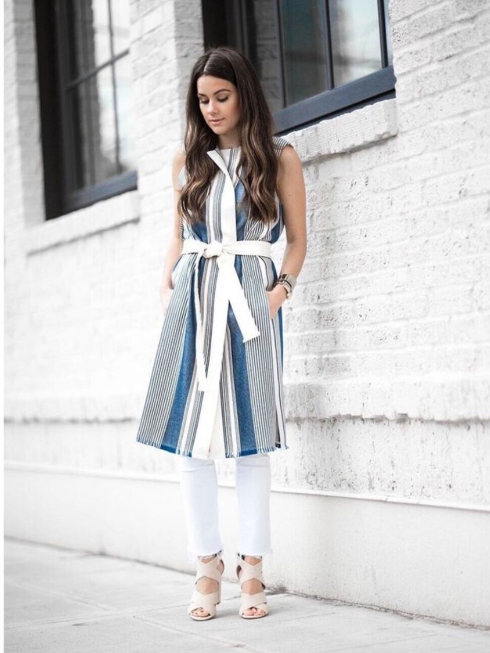 Lafayette 148 New York Blue & Ivory Awning Stripe Longline Fergie Vest-Large